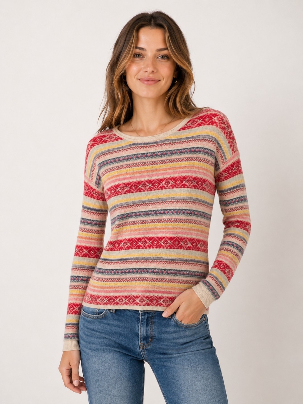 FDJ Striped Fair Isle Crewneck Sweater in Red Pink Blue Multi Knit Size Small